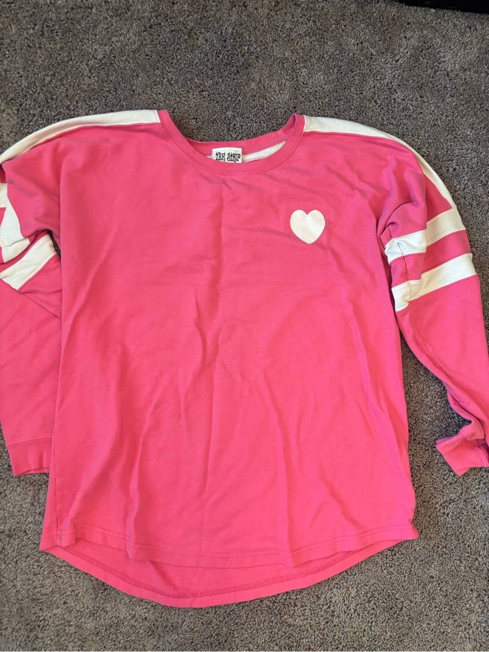 Bright Pink Heart-Accent Pullover Sweatshirt with Striped Sleeves